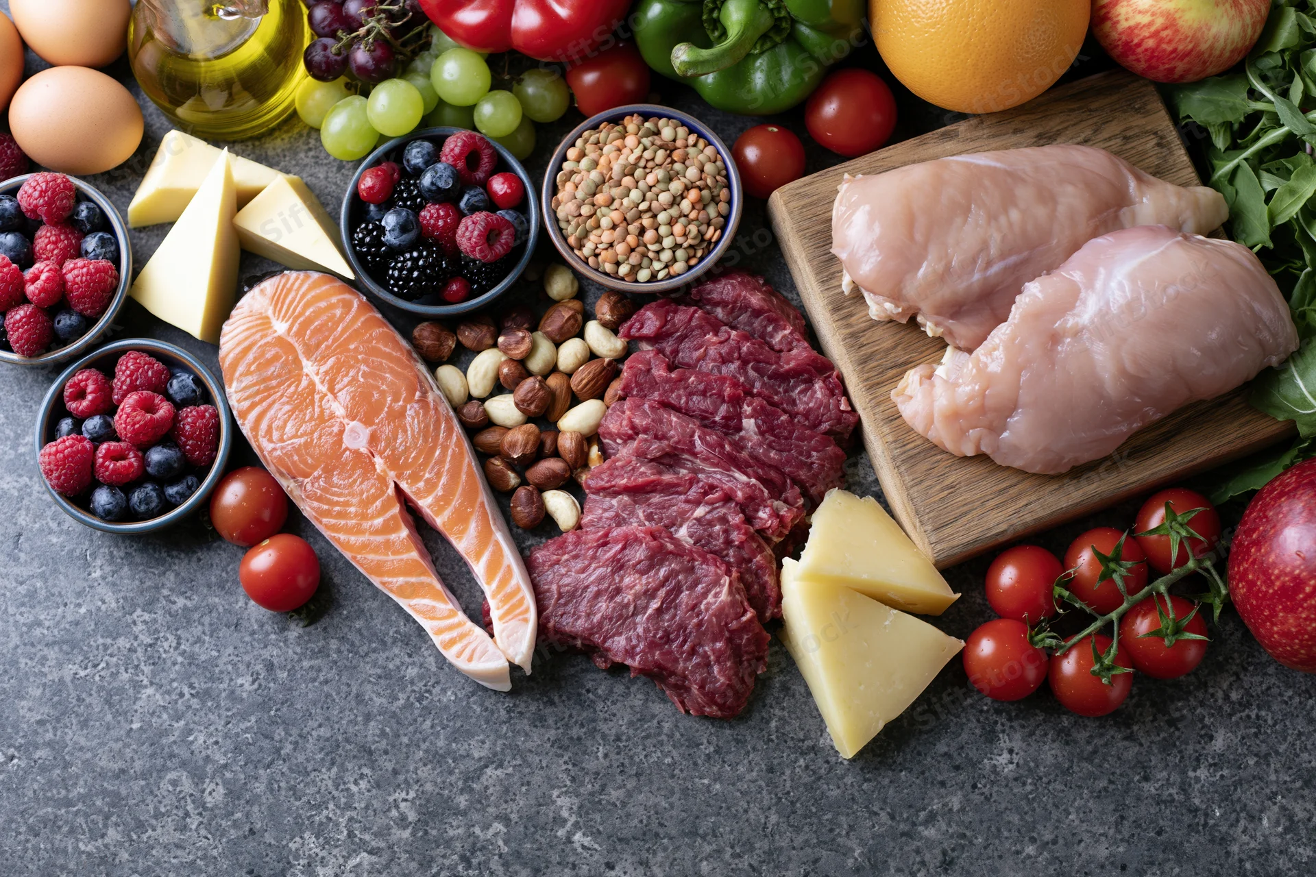 Overhead flat lay of assorted whole foods arranged on dark gray surface