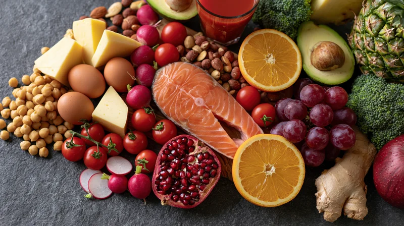 Overhead flat lay of assorted whole foods arranged on dark surface