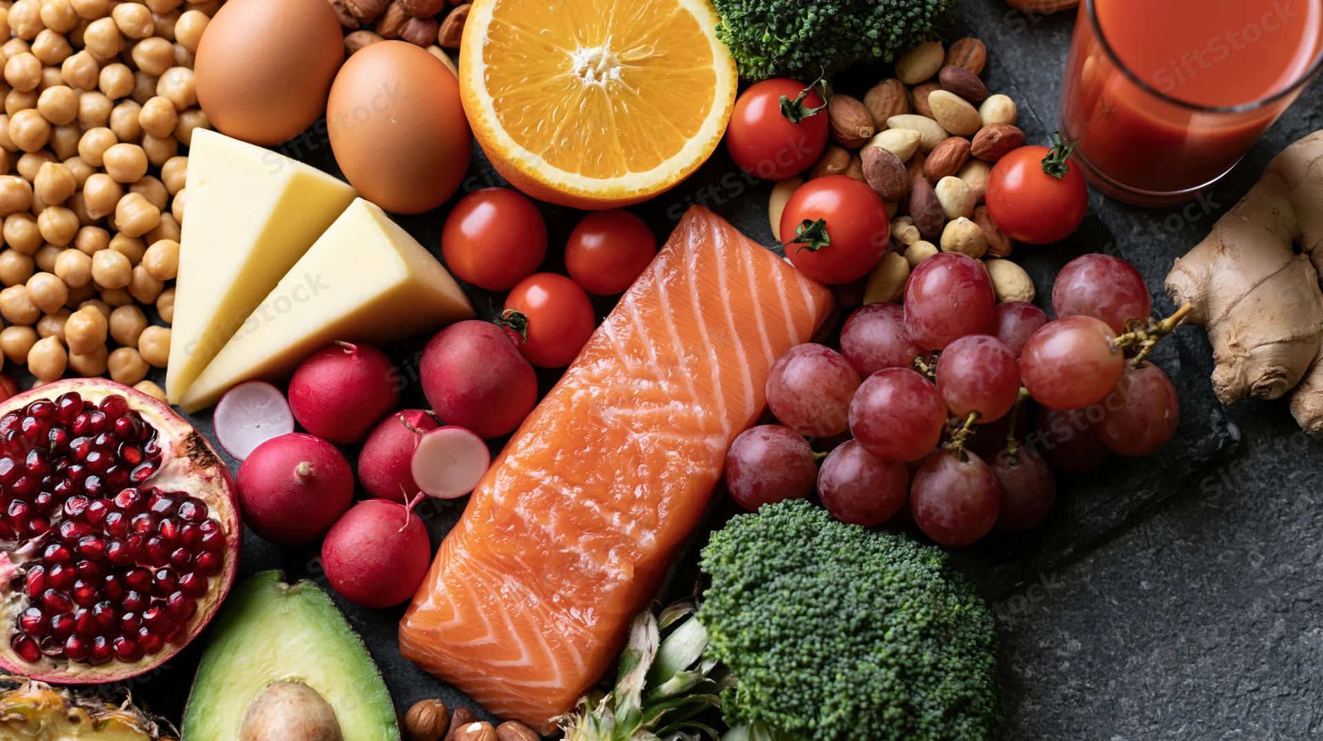 Overhead flat lay of assorted whole foods arranged on dark surface