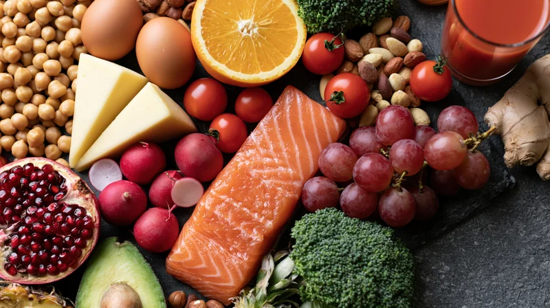 Overhead flat lay of assorted whole foods arranged on dark surface