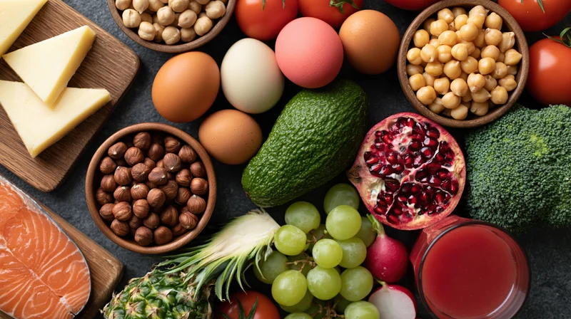 Overhead flat lay of assorted whole foods densely arranged on dark surface