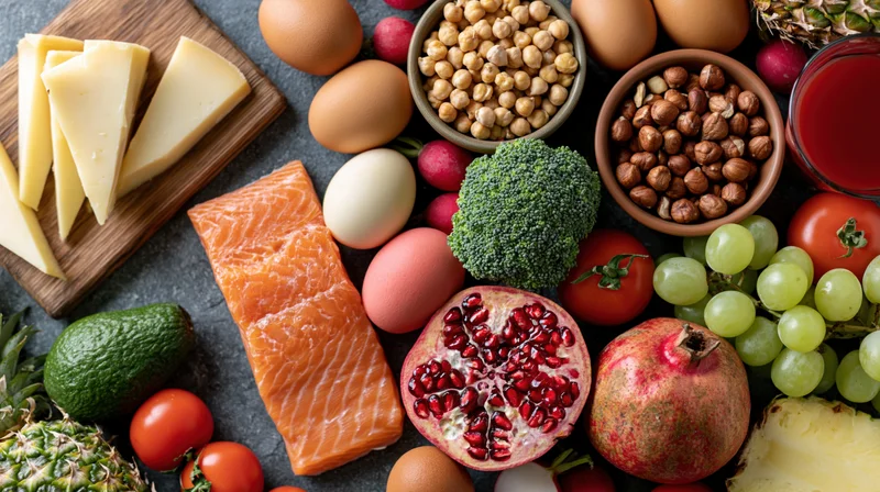 Overhead flat lay of assorted whole foods densely arranged on dark surface