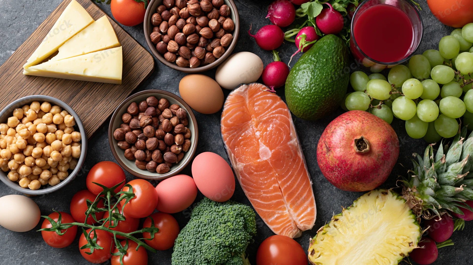 Overhead flat lay of assorted whole foods densely arranged on dark stone surface