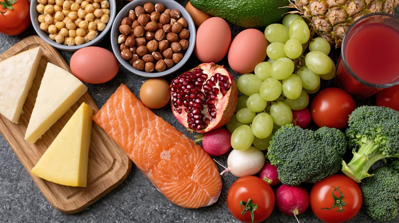 Overhead flat lay of assorted whole foods densely arranged on dark surface including salmon, cheese, broccoli, tomatoes, grapes, pomegranate, eggs, nuts, and juice