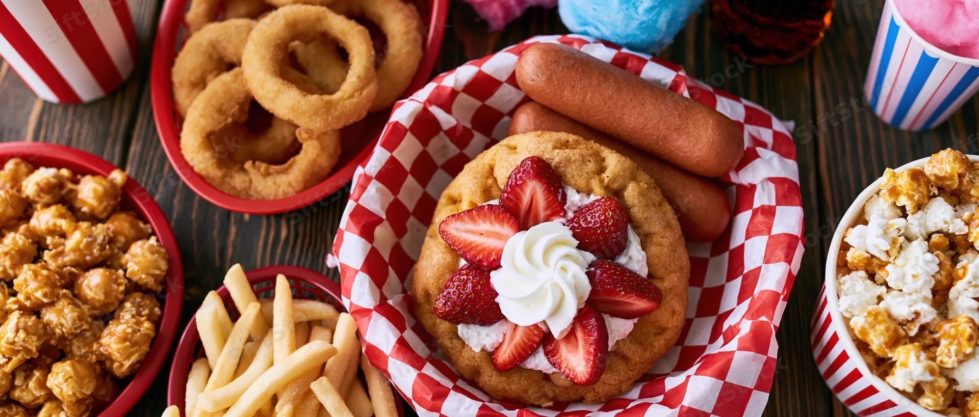 Overhead flat lay of classic american carnival fair food spread on dark wooden table with red and white checkered paper baskets and striped cups
