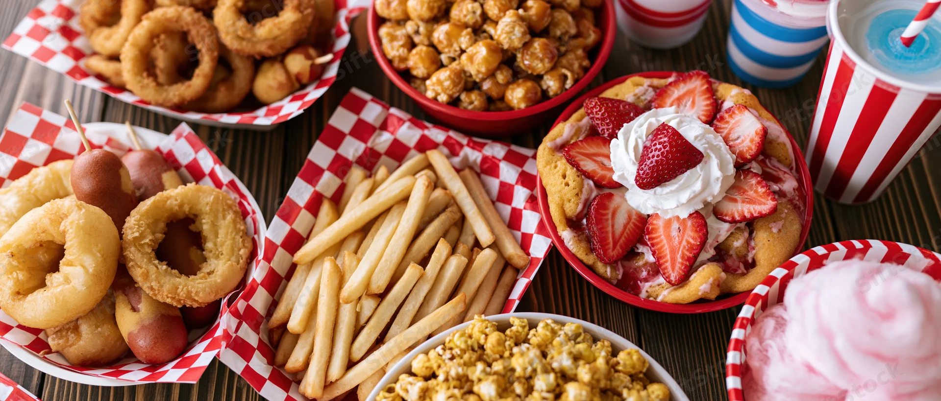 Overhead flat lay of classic american carnival fair food spread on wooden table with red and white checkered paper baskets and striped cups