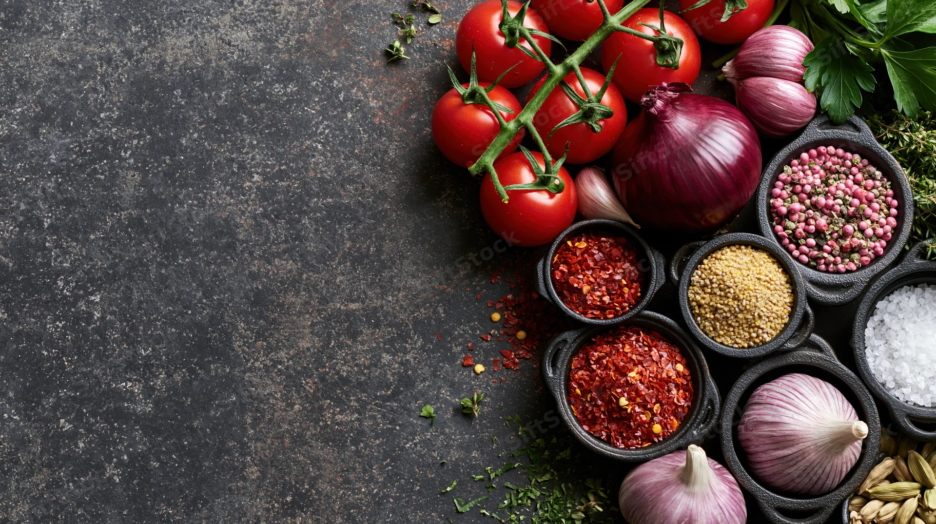 Overhead flat lay of fresh tomatoes, garlic, onions, herbs and spices arranged on dark textured surface with copyspace