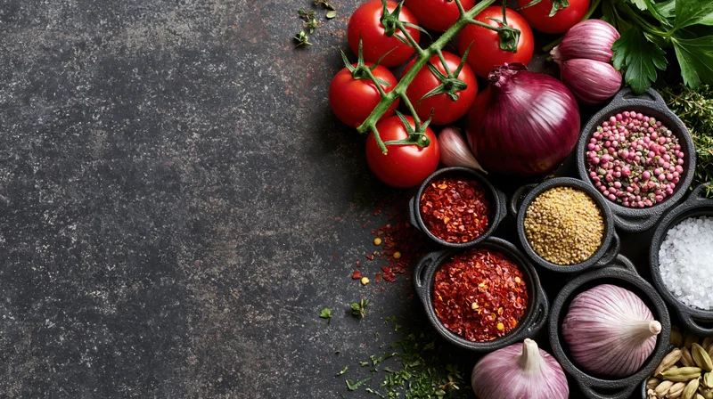 Overhead flat lay of fresh tomatoes, garlic, onions, herbs and spices arranged on dark textured surface with copyspace