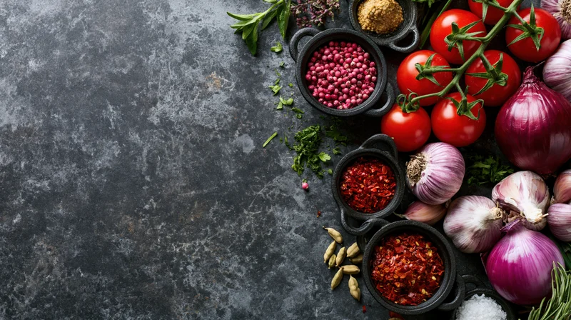 Overhead flat lay of cooking ingredients and spices arranged on dark textured surface with copyspace