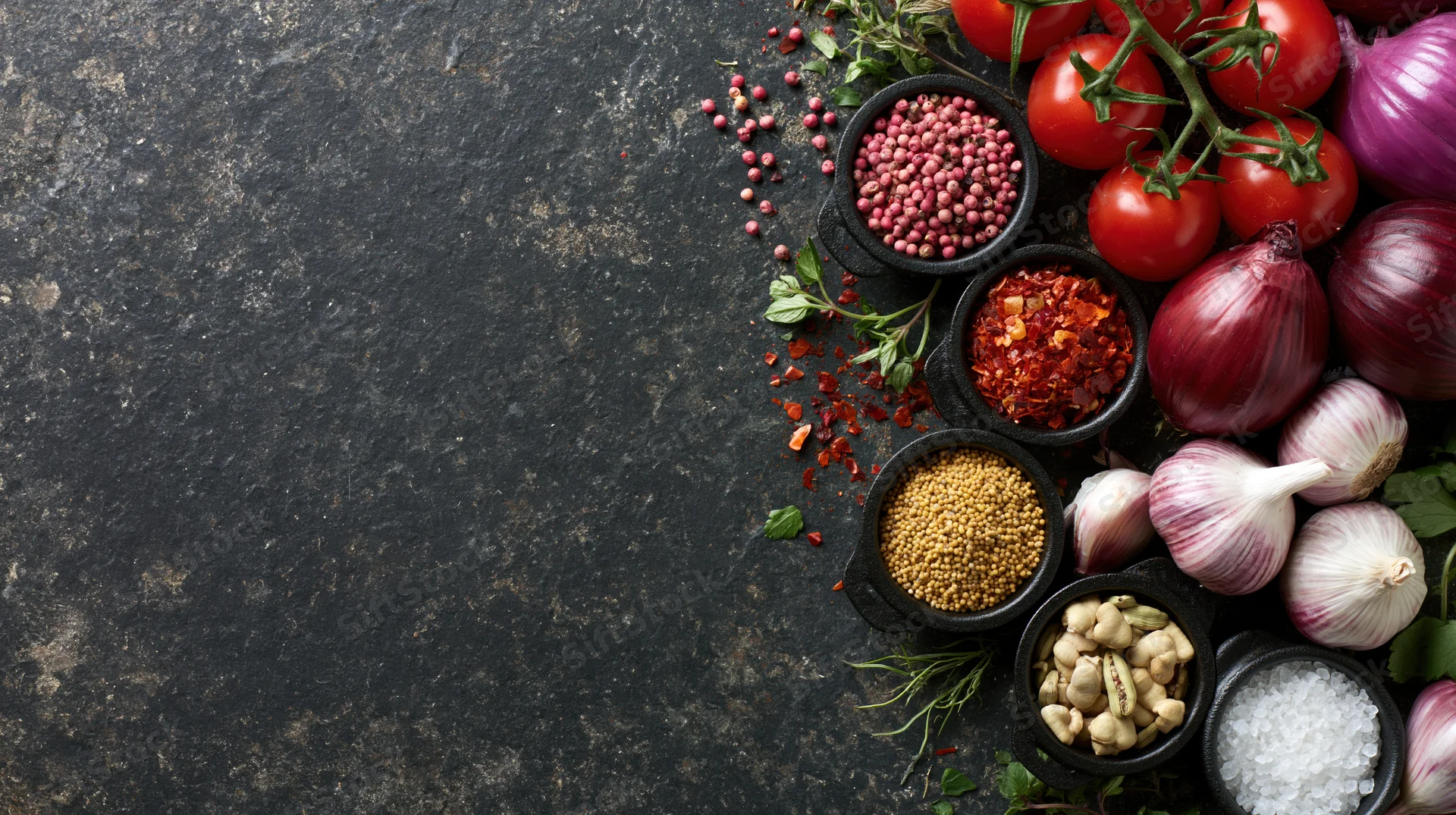 Overhead flat lay of spices and fresh vegetables arranged on dark surface with copyspace