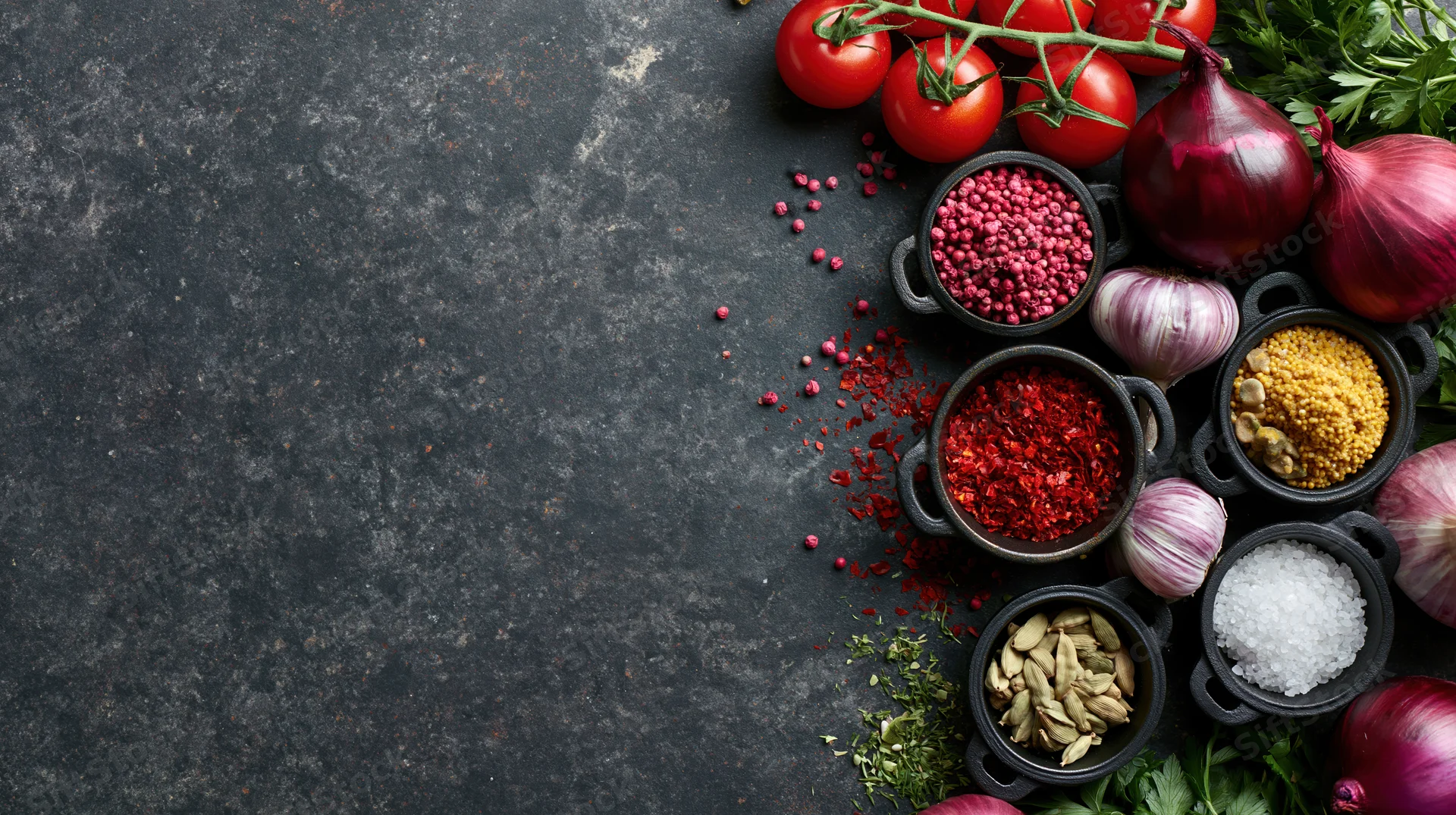 Overhead flat lay of spices and fresh ingredients arranged on dark surface with copyspace