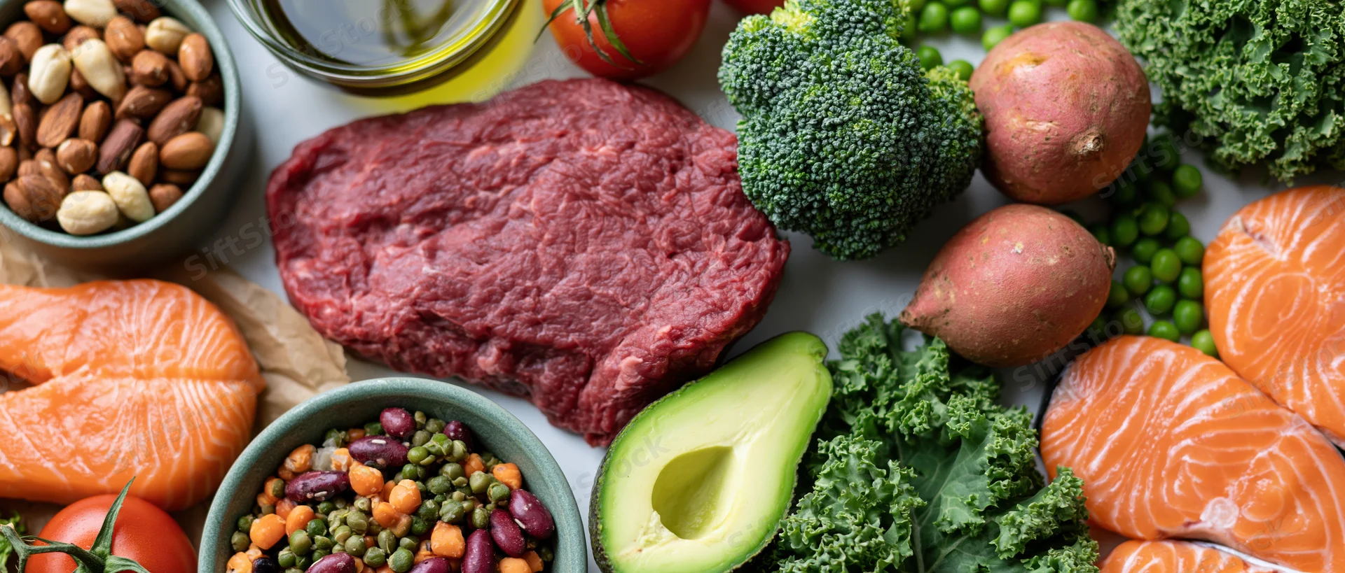 Overhead flat lay of diverse whole foods arranged on a white surface including salmon, beef, avocado, broccoli, sweet potatoes, kale, tomatoes, peas, nuts, beans, and olive oil