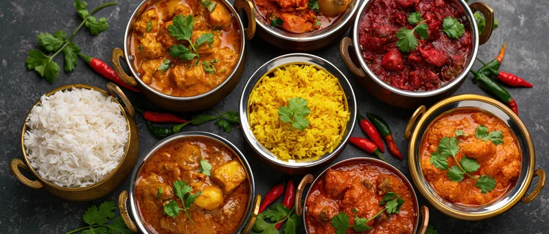 Overhead flat lay of eight indian curry dishes and rice served in copper bowls with cilantro and chili peppers