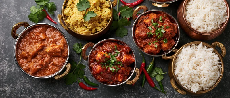 Overhead flat lay of indian curry dishes and rice served in copper bowls on dark stone surface