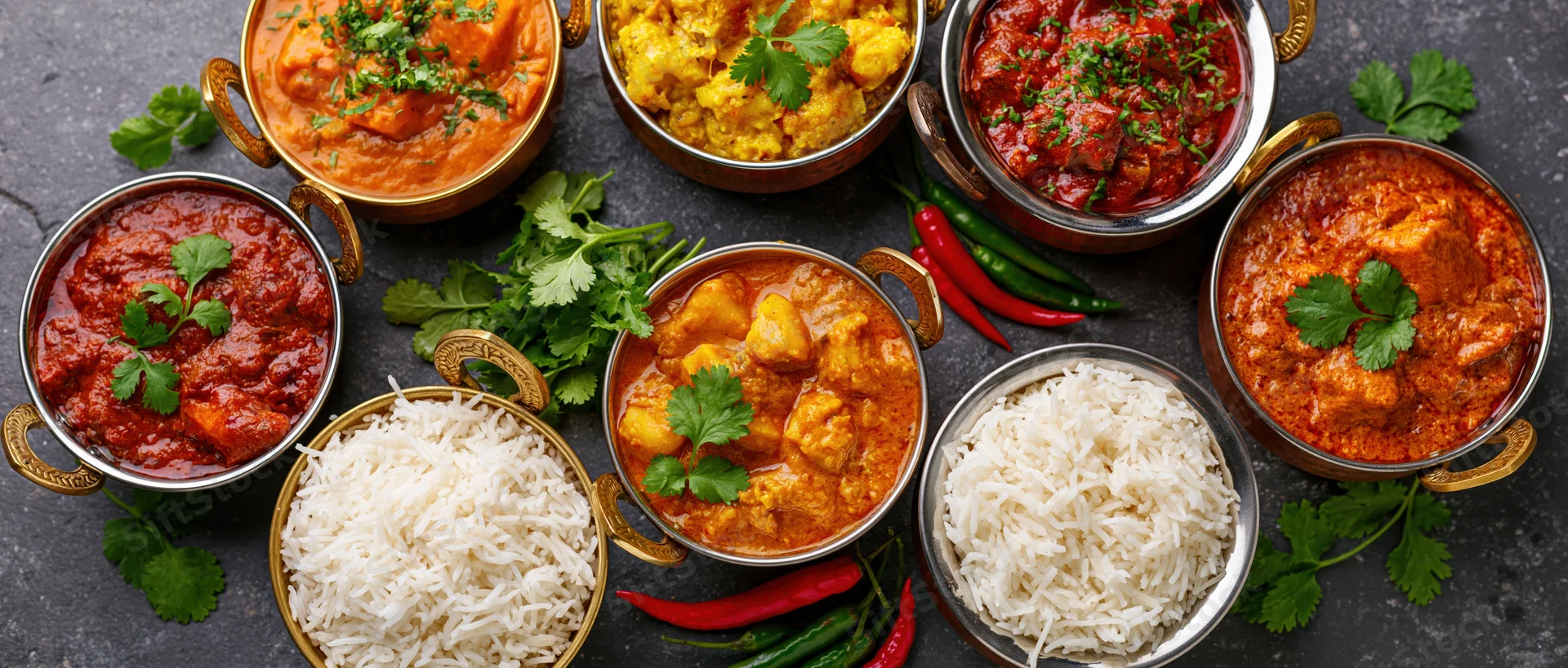 Overhead flat lay of eight indian curry dishes and rice served in metal bowls with cilantro and chili peppers on dark surface