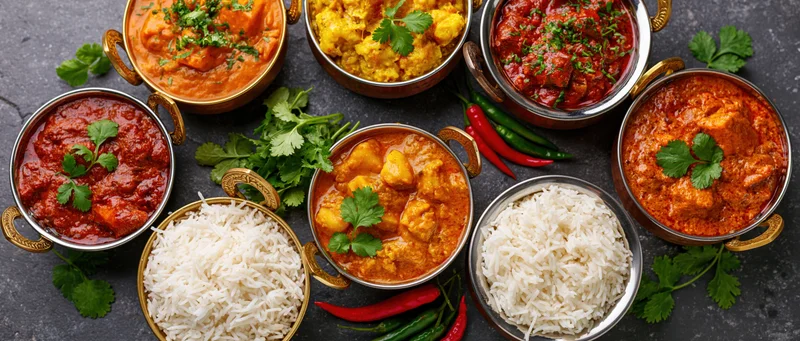 Overhead flat lay of eight indian curry dishes and rice served in metal bowls with cilantro and chili peppers on dark surface