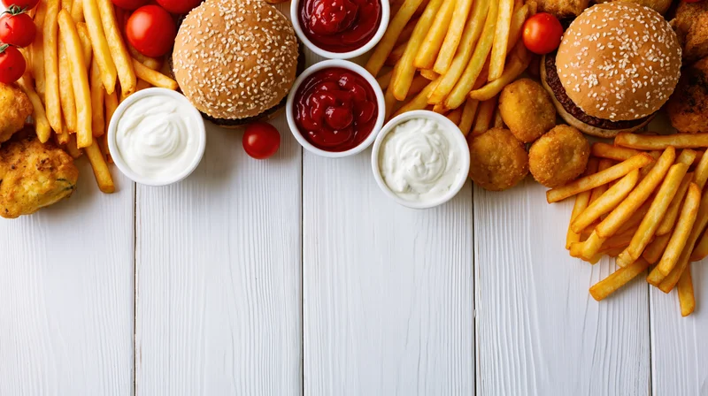Fast food items arranged along the top edge of a white wooden table with copyspace below