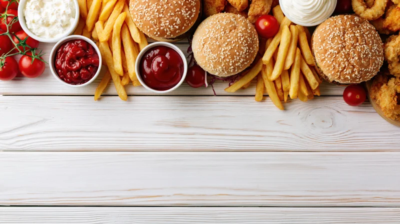 Fast food items arranged along the top edge of a white wooden table with copyspace below