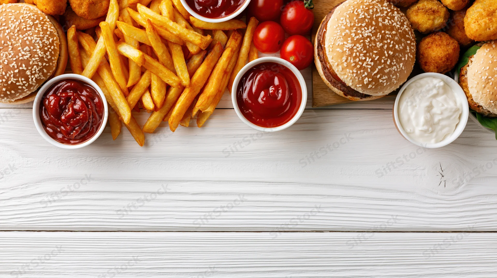 Fast food spread with burgers, fries, and condiments arranged along the top of a white wooden table