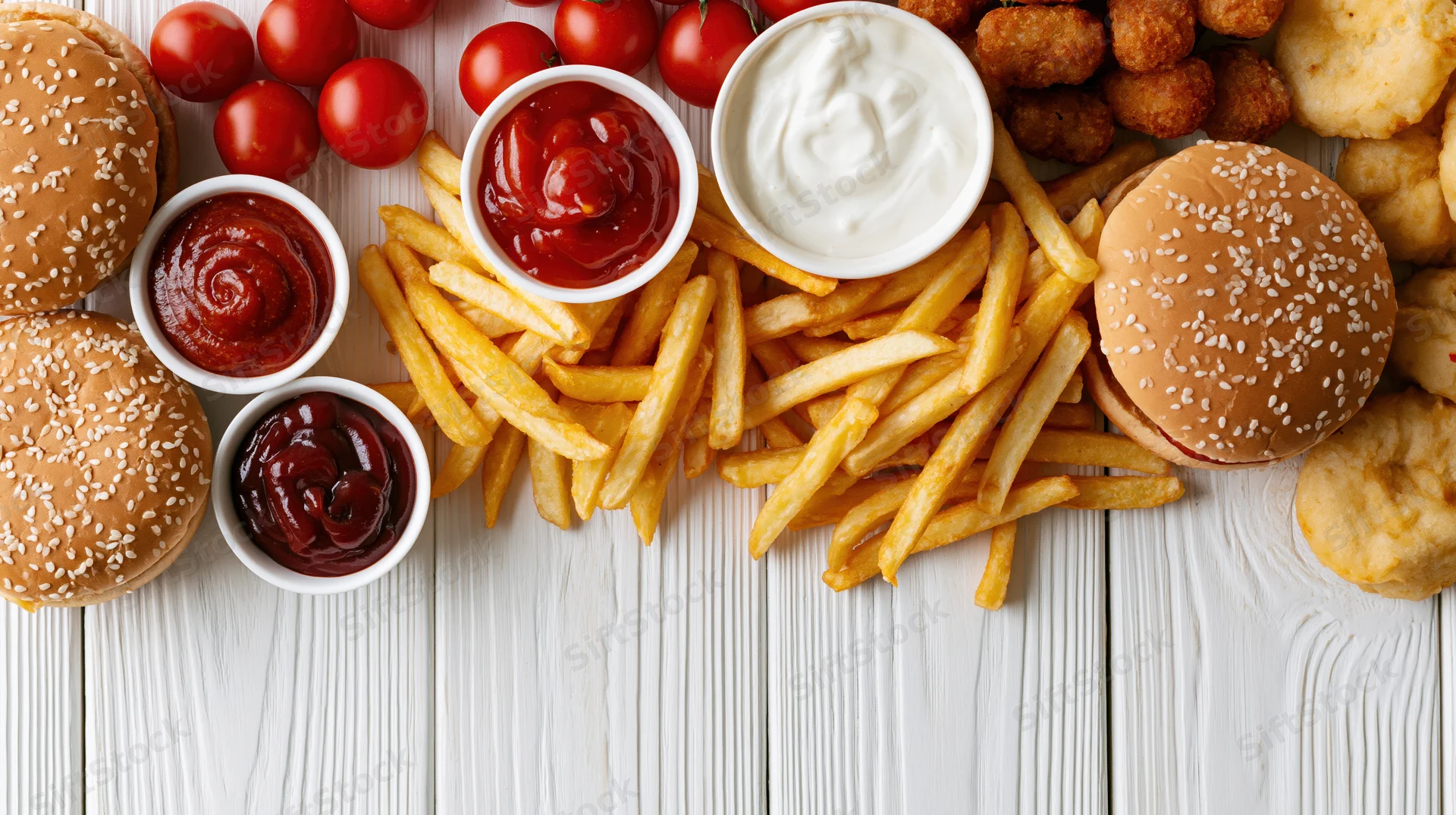 Overhead flat lay of fast food spread along the top edge of a white wooden table