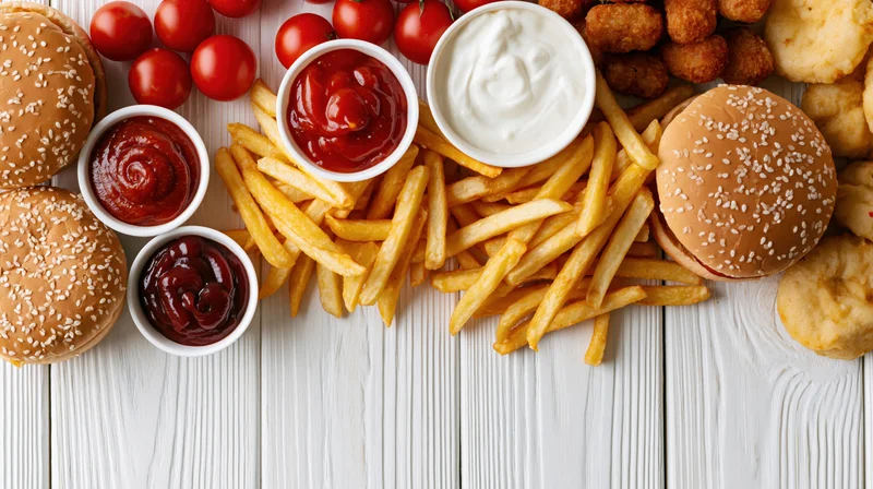 Overhead flat lay of fast food spread along the top edge of a white wooden table