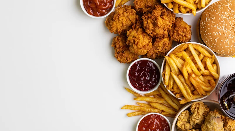 Fast food spread with fried chicken, fries, burger and sauces arranged along the right side on white surface