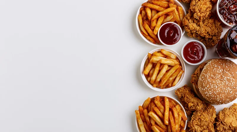 Fast food spread with fries, chicken, burger, ketchup and soda arranged along the right side of a white surface