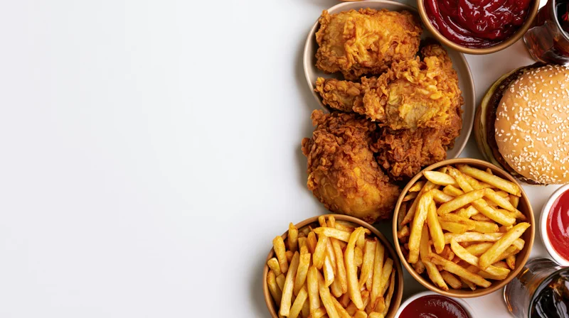 Fast food spread with fried chicken, fries, burger and condiments arranged on white surface in overhead flat lay