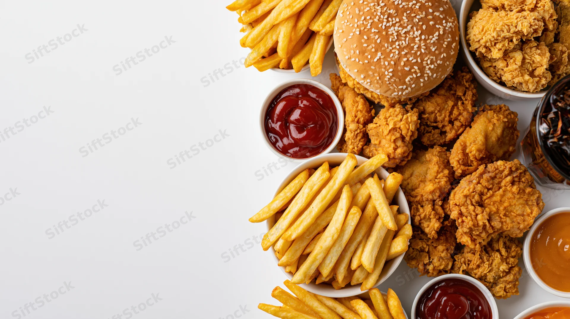 Fast food spread with burger, fries, fried chicken and sauces arranged along the right side on white background