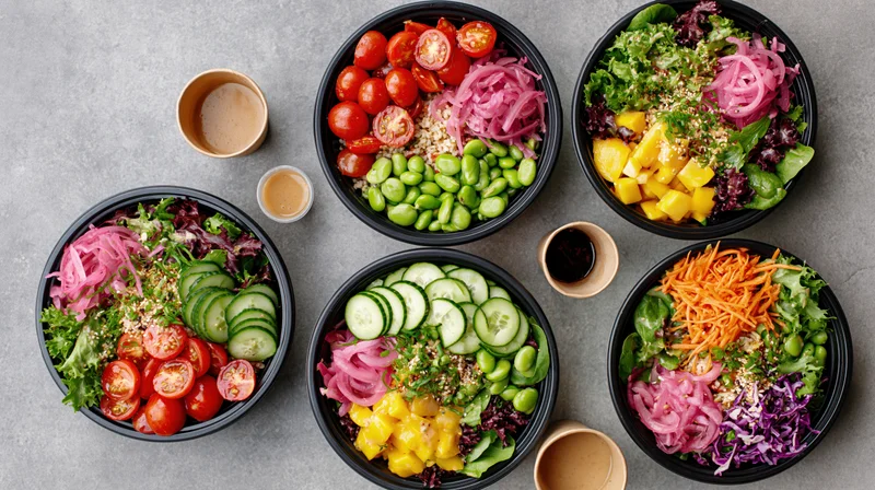Five black takeout bowls filled with colorful salads arranged on a gray countertop
