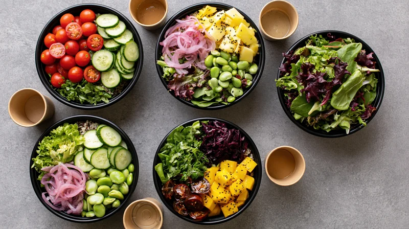 Five black bowls filled with colorful salads and vegetables arranged on a gray surface