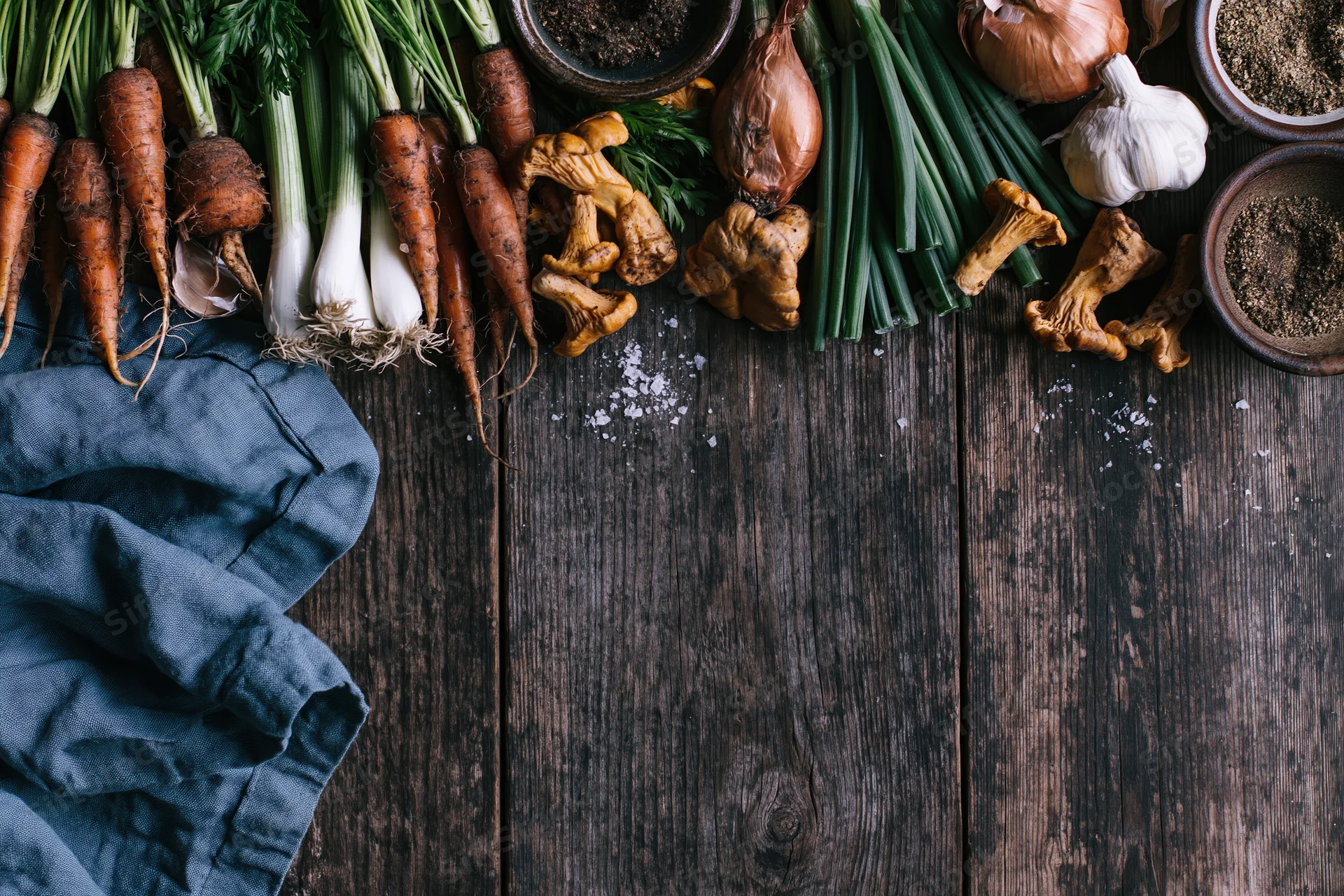 Fresh vegetables and mushrooms arranged on dark wooden table with copyspace