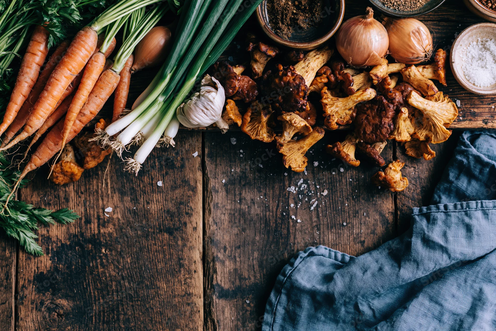 Fresh vegetables and mushrooms arranged on a dark wooden table with linen cloth