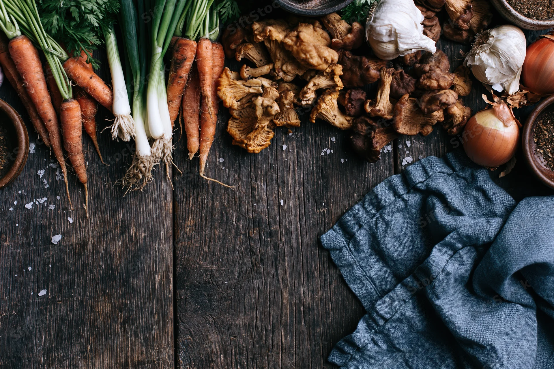 Fresh vegetables and mushrooms arranged on a dark wooden table with a blue cloth and salt sprinkled around