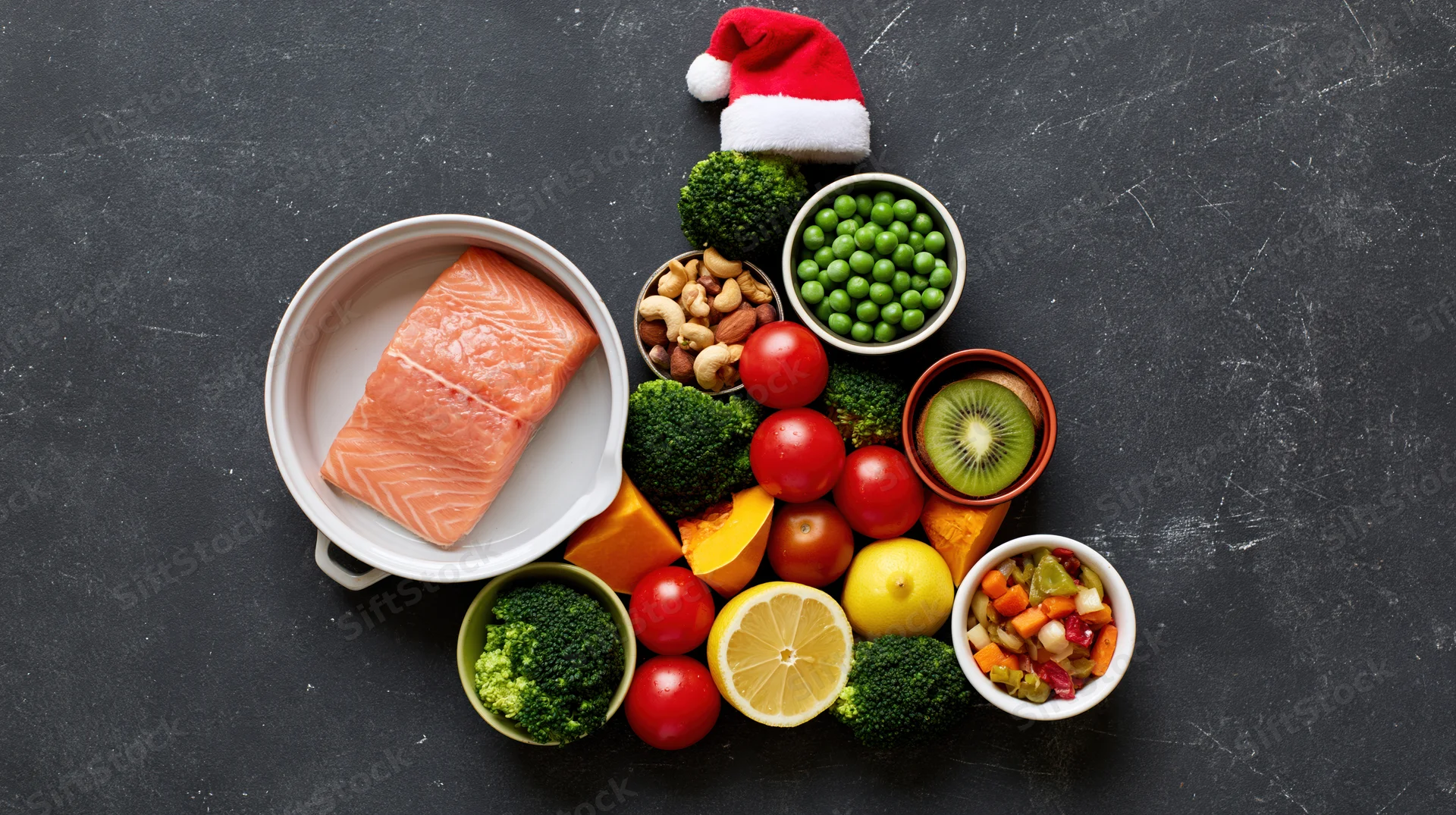 Healthy foods arranged in christmas tree shape on dark surface