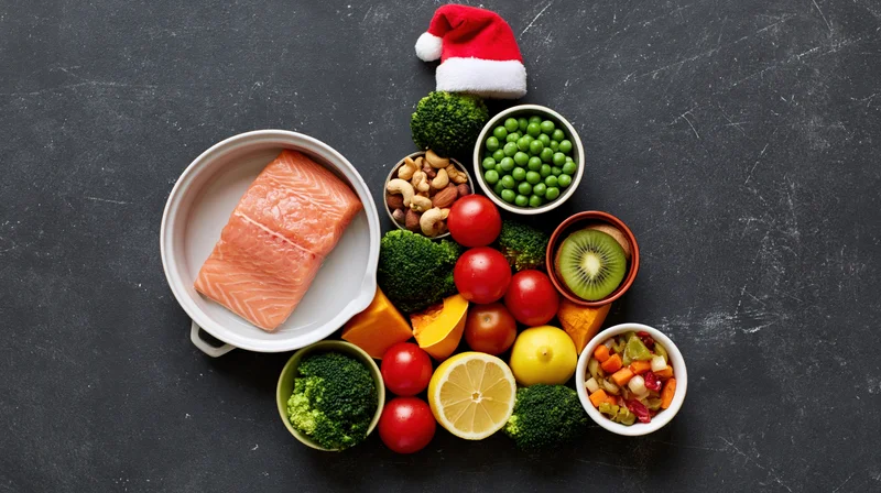 Healthy foods arranged in christmas tree shape on dark surface