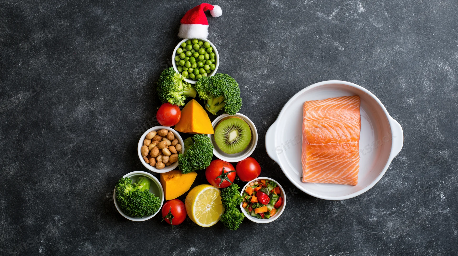 Christmas tree shaped arrangement of healthy foods with salmon on dark surface