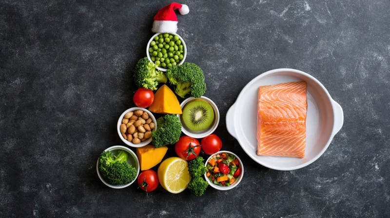 Christmas tree shaped arrangement of healthy foods with salmon on dark surface