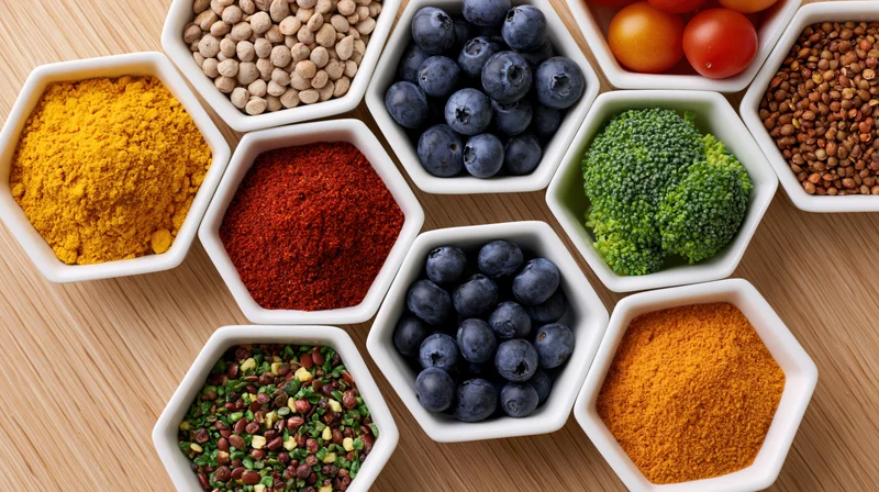 Hexagonal white bowls filled with colorful superfoods arranged on wooden surface