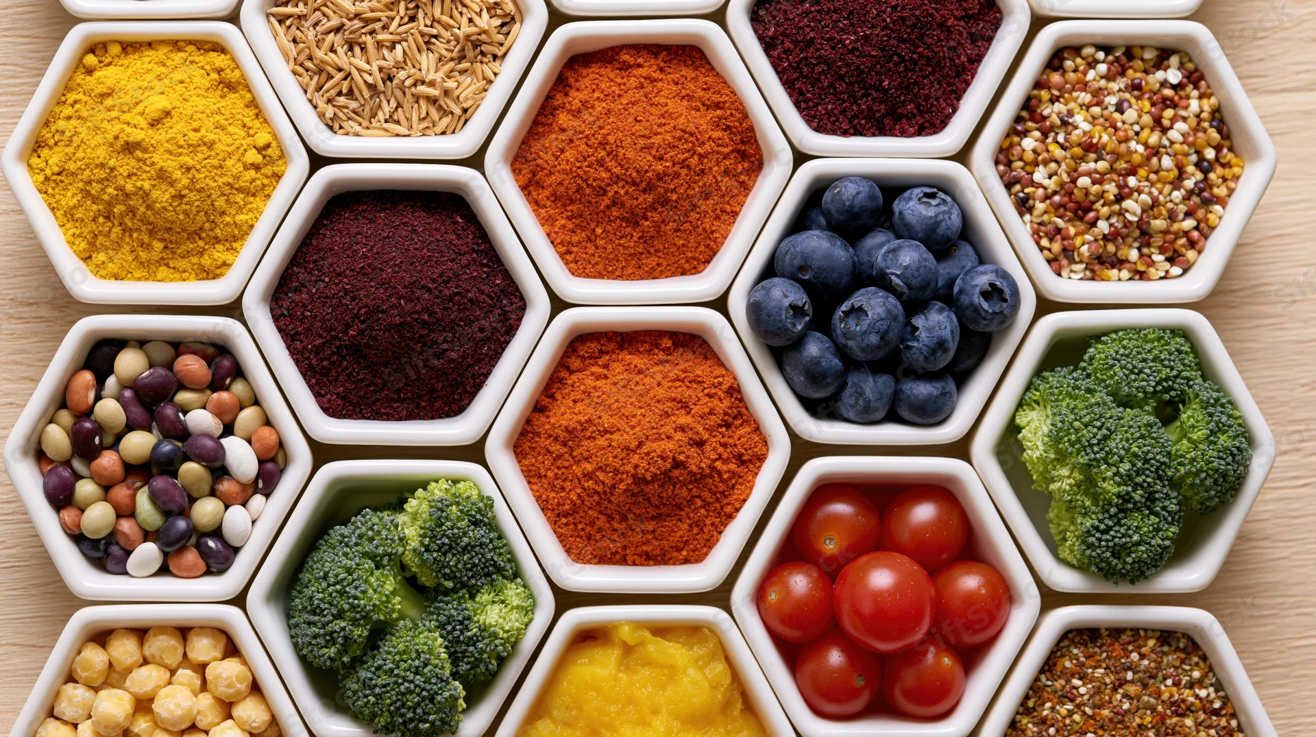 Hexagonal white bowls filled with colorful healthy foods arranged in a grid on wooden surface