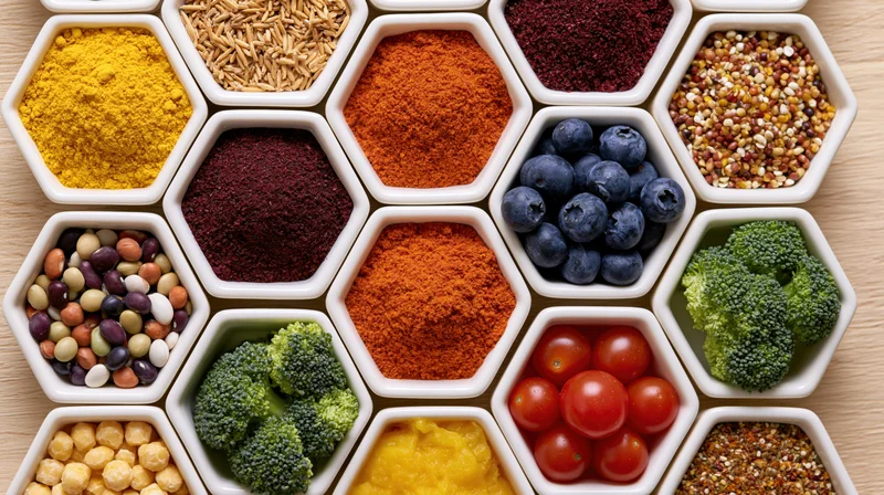Hexagonal white bowls filled with colorful healthy foods arranged in a grid on wooden surface