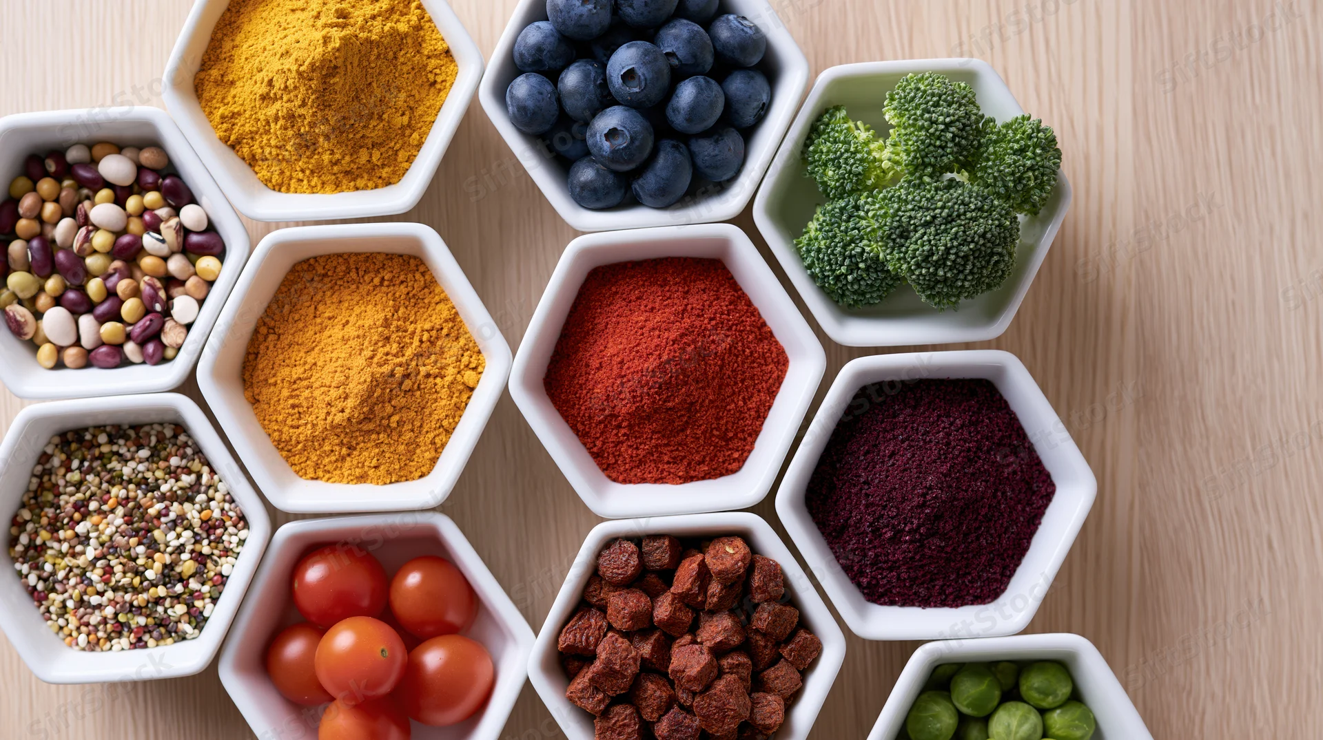 Hexagonal white bowls filled with colorful superfoods arranged in flat lay on wooden surface