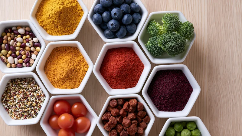 Hexagonal white bowls filled with colorful superfoods arranged in flat lay on wooden surface