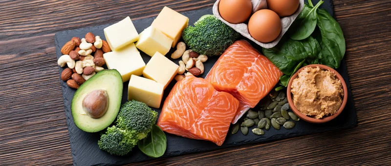 Keto diet foods arranged on black slate board overhead flat lay