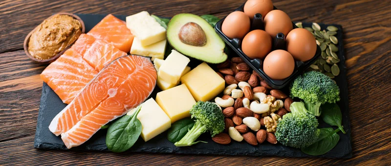 Keto diet foods arranged on black slate board overhead flat lay