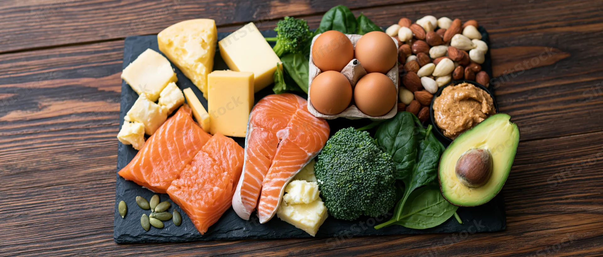Keto diet foods arranged on black slate board on wooden table