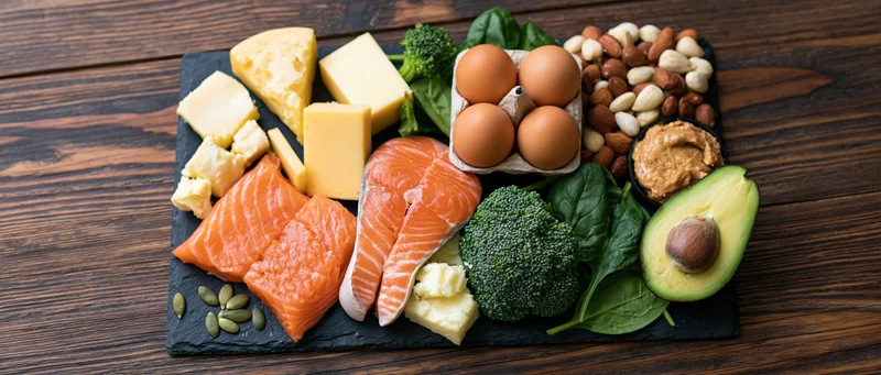 Keto diet foods arranged on black slate board on wooden table