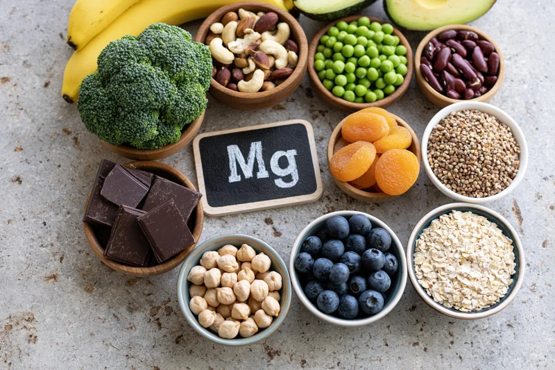 Overhead flat lay of magnesium-rich foods arranged on a countertop with bowls of broccoli, banana, avocado, nuts, seeds, beans, dark chocolate, blueberries, oats, and apricots