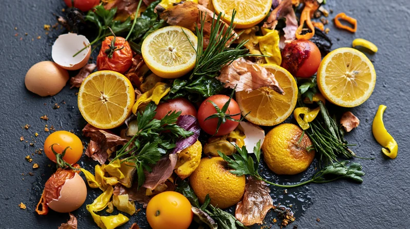 Overhead flat lay of mixed food scraps and vegetable waste on dark slate surface