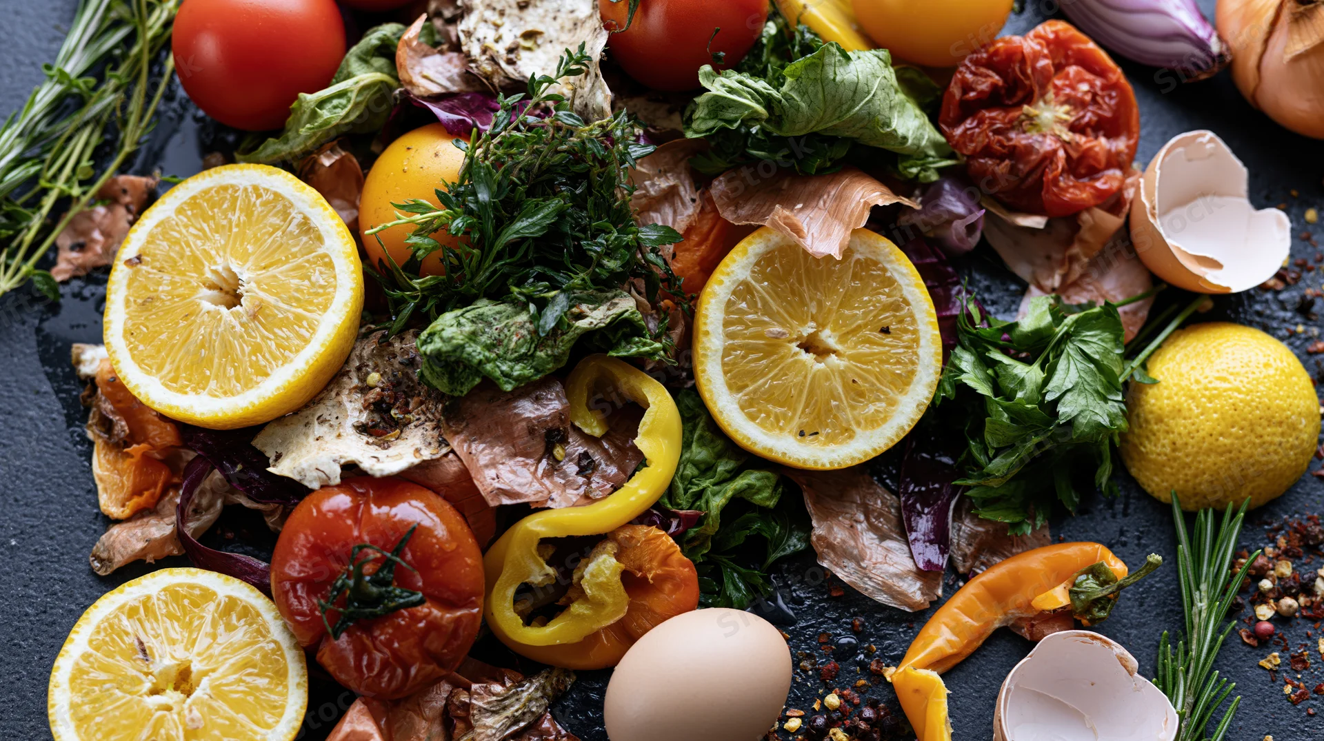 Overhead flat lay of mixed food scraps and vegetable waste on dark surface